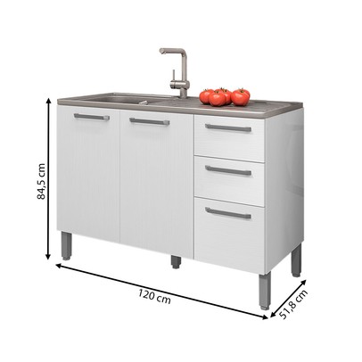 Balcão de Cozinha para Pia 120 Cm Mad Versalhes 3 Portas 2 Gavetas Branco/Supremo - Kits Paraná