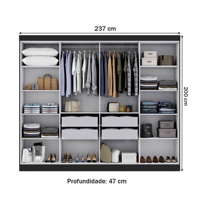 Guarda-Roupa Paris 8 Portas 4 Gavetas com Espelho Preto - Maxel