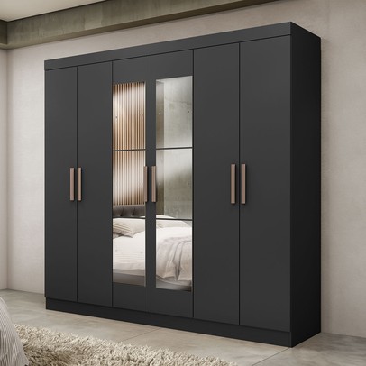 Guarda-Roupa Paris 6 Portas 2 Gavetas com Espelho Preto - Maxel