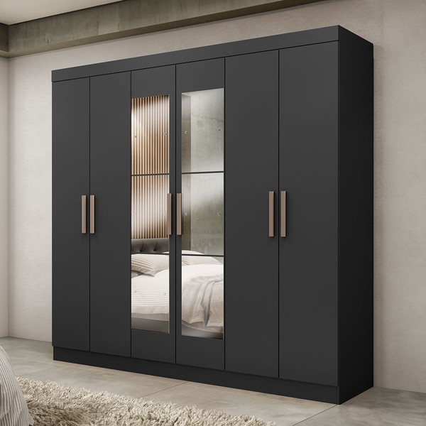 Guarda-Roupa Paris 6 Portas 2 Gavetas com Espelho Preto - Maxel