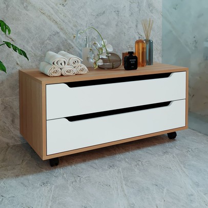 Armário de Banheiro  2 Gavetas com Rodízio Bn3643 Amêndoa/Branco - Tecno Mobili