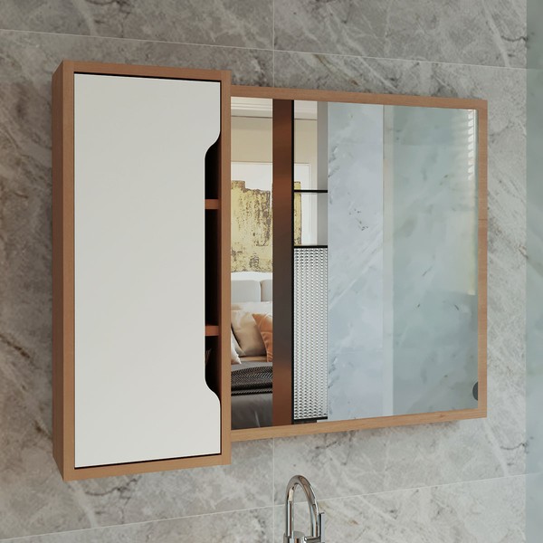 Armário de Banheiro 1 Porta com Espelho Bn3645 Amêndoa/Branco - Tecno Mobili