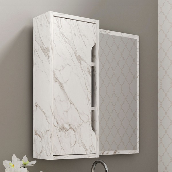 Armário de Banheiro 1 Porta com Espelho Bn3648 Mármore Branco - Tecno Mobili