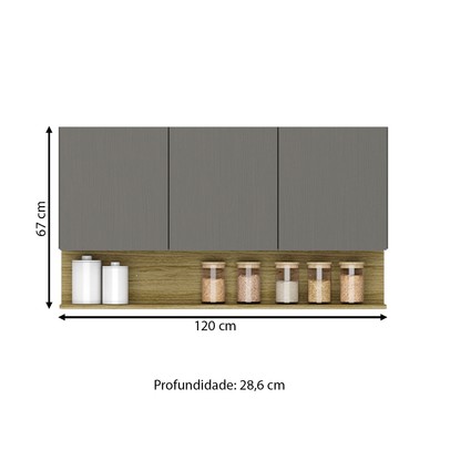 Armário Aéreo Cozinha 120 Cm Line 3 Portas Freijó/Gris - Kits Paraná