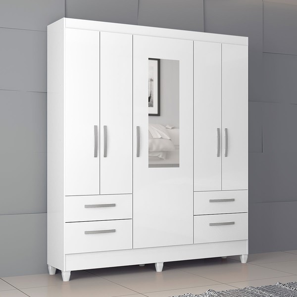 Guarda-Roupa Solteiro Vitoria 5 Portas 4 Gavetas com Espelho Branco Brilho - Atualle Móveis