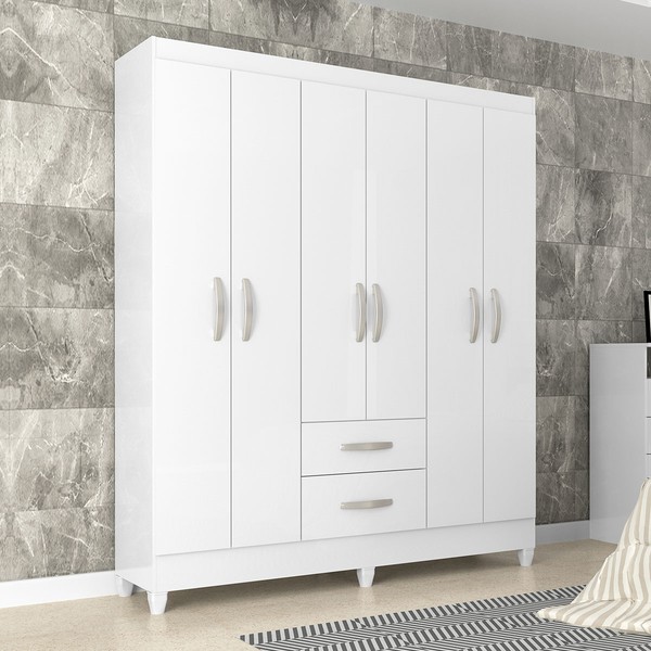 Guarda-Roupa Solteiro Brasília 6 Portas 2 Gavetas Branco Brilho - Atualle Móveis