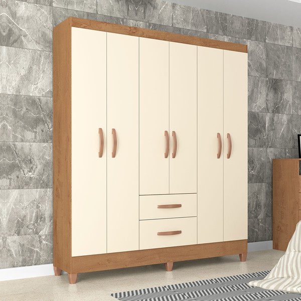 Guarda-Roupa Solteiro Brasília 6 Portas 2 Gavetas Canelato Rústico/Natura/Off White - Atualle Móveis
