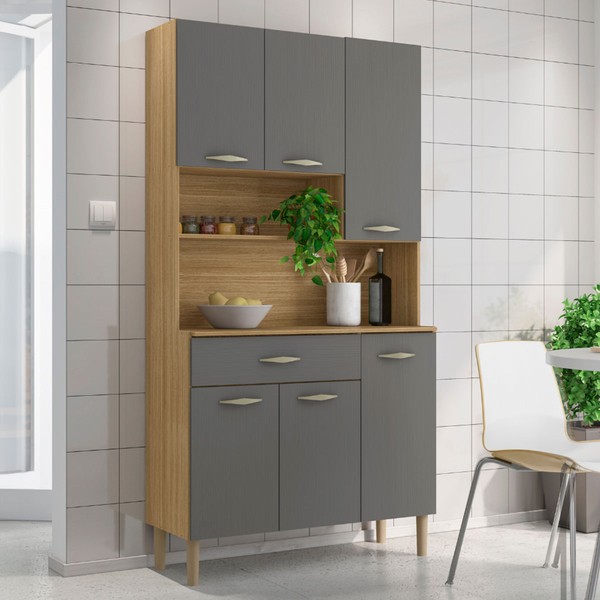 Armário de Cozinha Apolo 6 Portas 1 Gaveta Freijó/Gris - Kits Paraná