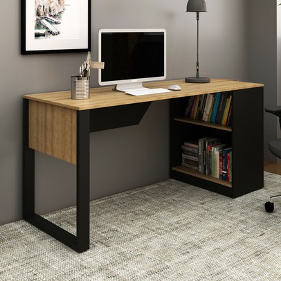 Mesa para Escritório 1 Prateleira Me4182 Amêndoa/Preto - Tecno Mobili