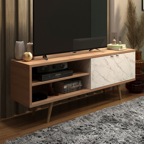 Rack para TV Até 55 Polegadas 2 Portas R1482 Amêndoa/Mármore Branco - Tecno Mobili