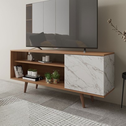 Rack para TV Até 42 Polegadas 1 Portas R1486 Amêndoa/Mármore Branco - Tecno Mobili