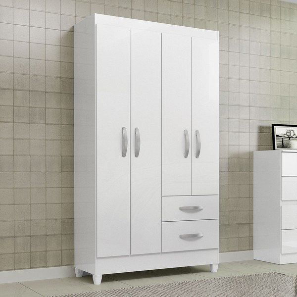 Guarda-Roupa Solteiro Brasília 4 Portas 2 Gavetas Branco Brilho - Atualle Móveis