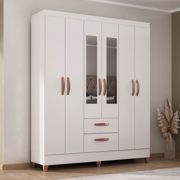 Guarda-Roupa Solteiro Fortaleza 6 Portas 2 Gavetas com Espelho Branco Brilho - Atualle Móveis