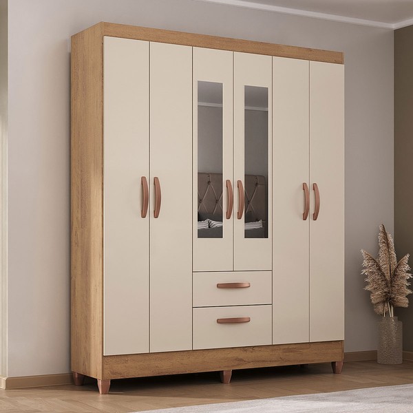 Guarda-Roupa Solteiro Fortaleza 6 Portas 2 Gavetas com Espelho Canelato Rústico/Natura/Off White - Atualle Móveis