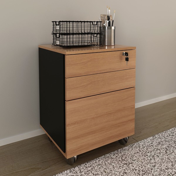 Gaveteiro com Rodízios 3 Gavetas com Chave Me4148 Amêndoa/Preto - Tecno Mobili