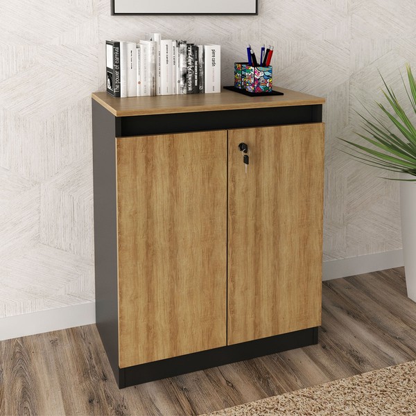 Armário para Escritório Baixo 2 Portas com Chave Me4149 Amêndoa/Preto - Tecno Mobili