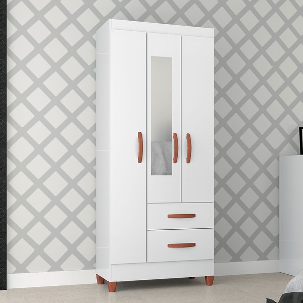 Guarda-Roupa Solteiro Fortaleza 3 Portas 2 Gavetas com Espelho Branco Brilho - Atualle Móveis