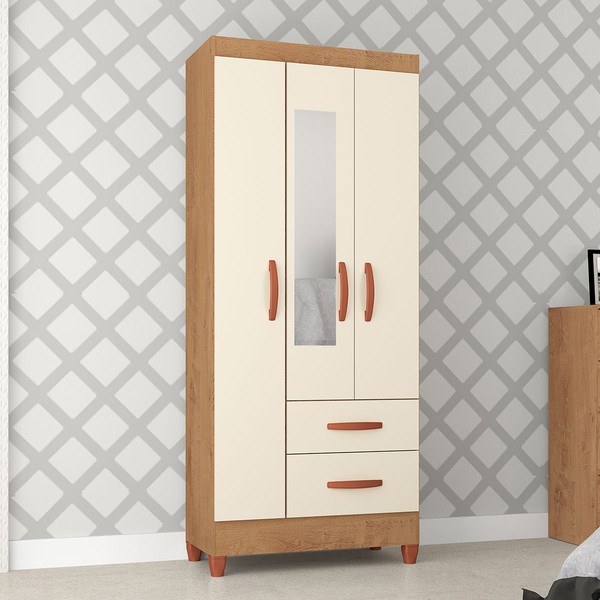 Guarda-Roupa Solteiro Fortaleza 3 Portas 2 Gavetas com Espelho Canelato Rústico/Natura/Off White - Atualle Móveis