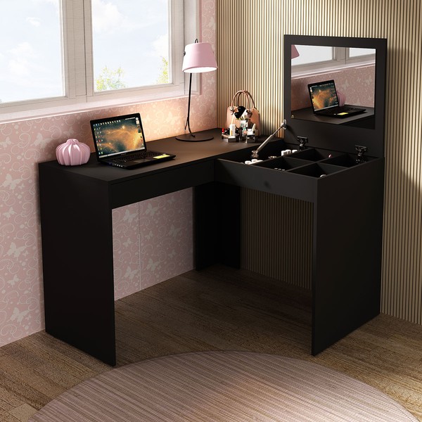 Penteadeira com Espelho 1 Gaveta Pe2020 Preta - Tecno Mobili