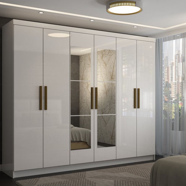 Guarda-Roupa Casal Odisseia 6 Portas 2 Gavetas com Espelho Branco - Panorama Móveis