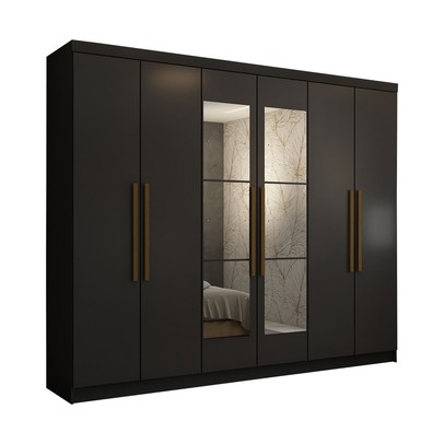 Guarda-Roupa Casal Odisseia 6 Portas 2 Gavetas com Espelho Preto - Panorama Móveis