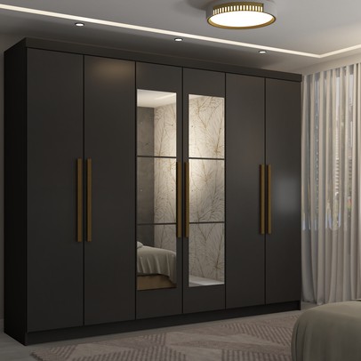 Guarda-Roupa Casal Odisseia 6 Portas 2 Gavetas com Espelho Preto - Panorama Móveis