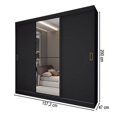 Guarda-Roupa Solteiro Triunfo 3 Portas 2 Gavetas com Espelho Preto - Panorama Móveis