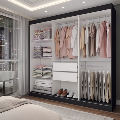 Guarda-Roupa Solteiro Triunfo 3 Portas 2 Gavetas com Espelho Preto - Panorama Móveis