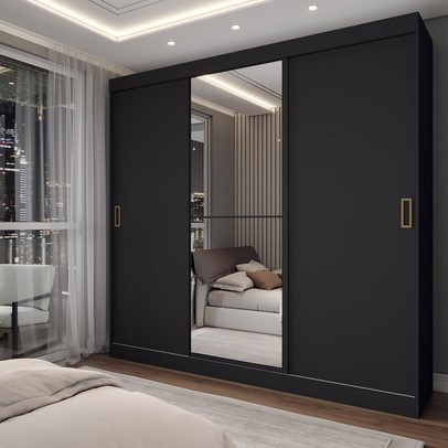 Guarda-Roupa Solteiro Triunfo 3 Portas 2 Gavetas com Espelho Preto - Panorama Móveis