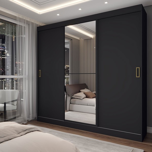 Guarda-Roupa Solteiro Triunfo 3 Portas 2 Gavetas com Espelho Preto - Panorama Móveis