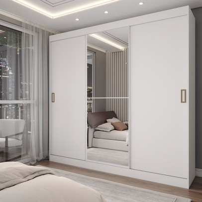 Guarda-Roupa Solteiro Triunfo 3 Portas 2 Gavetas com Espelho Branco - Panorama Móveis