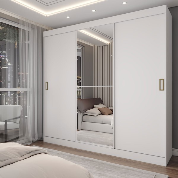 Guarda-Roupa Solteiro Triunfo 3 Portas 2 Gavetas com Espelho Branco - Panorama Móveis