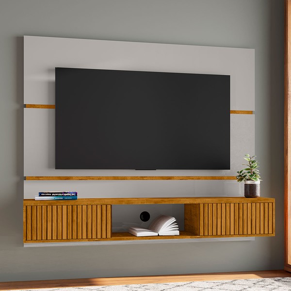 Painel para TV Até 60 Polegadas 2 Portas âmbar Ripado Off-White/Naturalle - Móveis Bechara