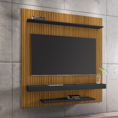 Painel para TV Até 60 Polegadas Leme 2 Prateleiras Ripado/Preto Fosco - Móveis Bechara