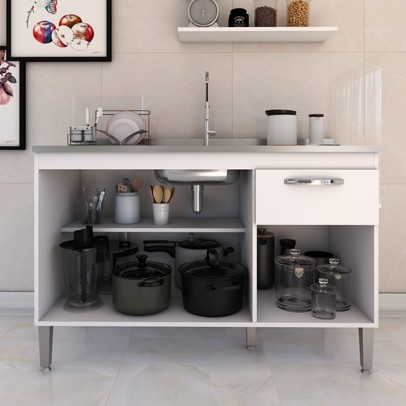 Balcão de Cozinha para Pia Vieira 3 Portas 1 Gaveta Branco - Pnr Móveis