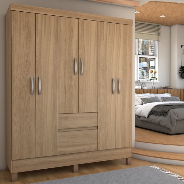 Guarda-Roupa Casal Sena 6 Portas 2 Gavetas Amêndola Touch - Panorama Móveis