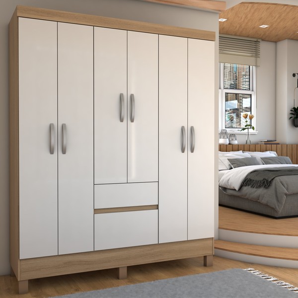 Guarda-Roupa Casal Sena 6 Portas 2 Gavetas Amêndola Touch/Off White - Panorama Móveis