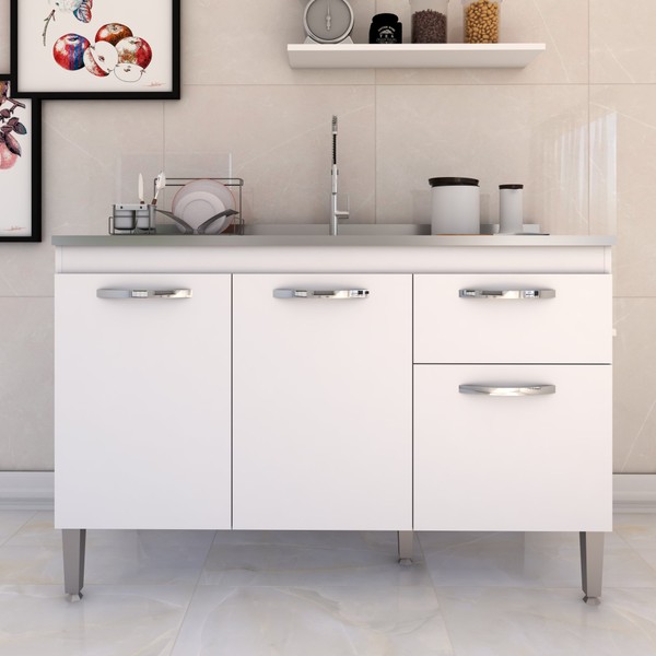 Balcão de Cozinha para Pia Rayssa 3 Portas 1 Gaveta Branco - Panorama Móveis