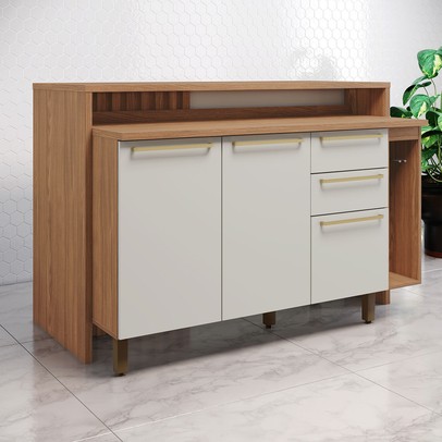 Bancada de Cozinha Kit Ilha Gourmet Requinte 3 Portas 2 Gavetas Ripado Nature/Areia - Henn