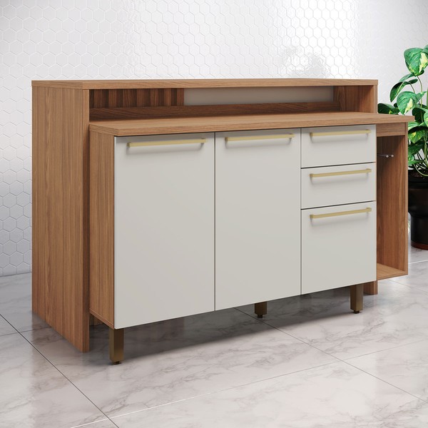 Bancada de Cozinha Kit Ilha Gourmet Requinte 3 Portas 2 Gavetas Ripado Nature/Areia - Henn