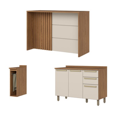 Bancada de Cozinha Kit Ilha Gourmet Requinte 3 Portas 2 Gavetas Ripado Nature/Areia - Henn