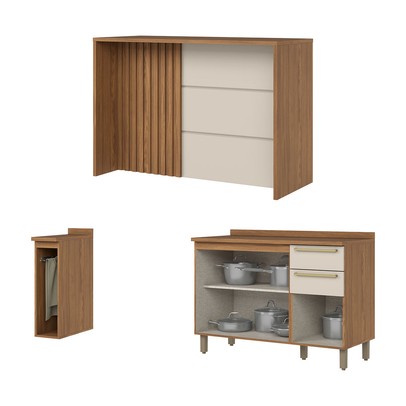 Bancada de Cozinha Kit Ilha Gourmet Requinte 3 Portas 2 Gavetas Ripado Nature/Areia - Henn