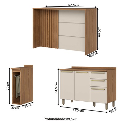 Bancada de Cozinha Kit Ilha Gourmet Requinte 3 Portas 2 Gavetas Ripado Nature/Areia - Henn