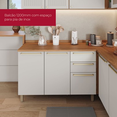 Bancada de Cozinha Kit Ilha Gourmet Requinte 3 Portas 2 Gavetas Ripado Nature/Areia - Henn