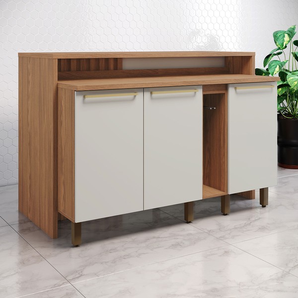 Bancada de Cozinha Kit Ilha Gourmet Requinte 3 Portas Ripado Nature/Areia - Henn