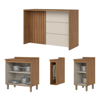 Bancada de Cozinha Kit Ilha Gourmet Requinte 3 Portas Ripado Nature/Areia - Henn