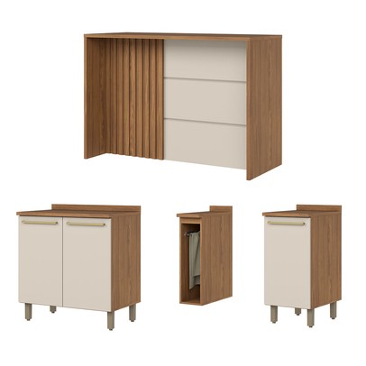 Bancada de Cozinha Kit Ilha Gourmet Requinte 3 Portas Ripado Nature/Areia - Henn