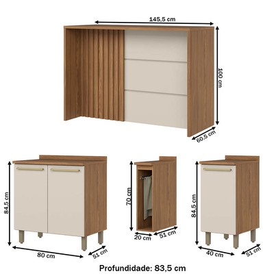 Bancada de Cozinha Kit Ilha Gourmet Requinte 3 Portas Ripado Nature/Areia - Henn