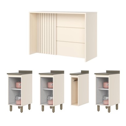 Bancada de Cozinha Kit Ilha Gourmet Connect 3 Portas Ripado Duna/Off White - Henn