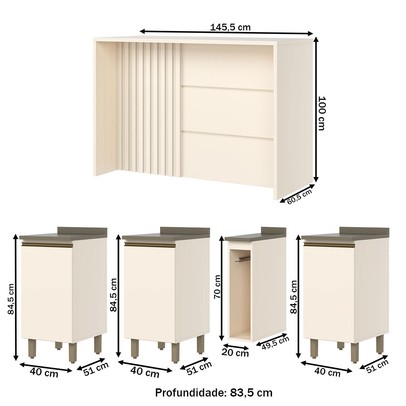Bancada de Cozinha Kit Ilha Gourmet Connect 3 Portas Ripado Duna/Off White - Henn